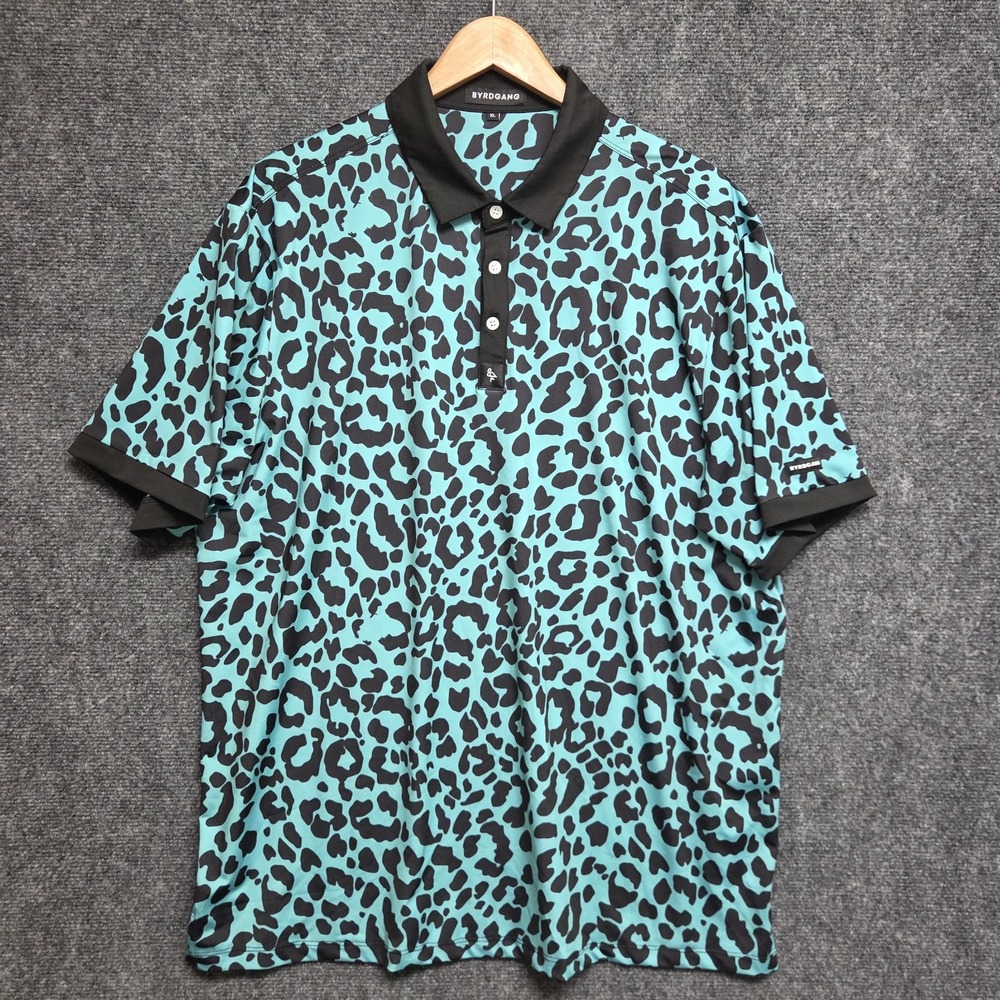 Byrd Gang Shirt Mens XL Leopard Teal Performance Golf Polo Casual Short Sleeve